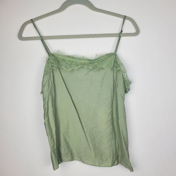 VINCE Lace Trim Cami Jade Hammered Satin Twill Square Neck Camisole Eyelash NWT - Picture 4 of 8